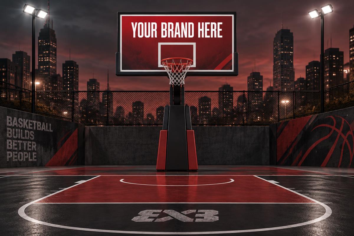 Sponsor branding on the 3x3 backboard and hoop structure