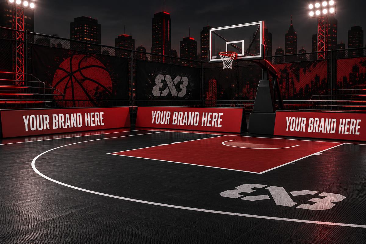 Sponsor banners along the 3x3 court sideline